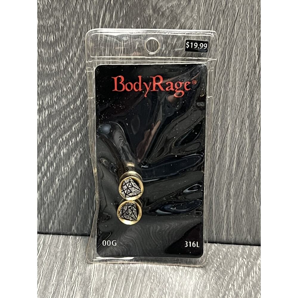 BodyRage 00G Steel Ear Plugs Gold‎ Black Geometric Design